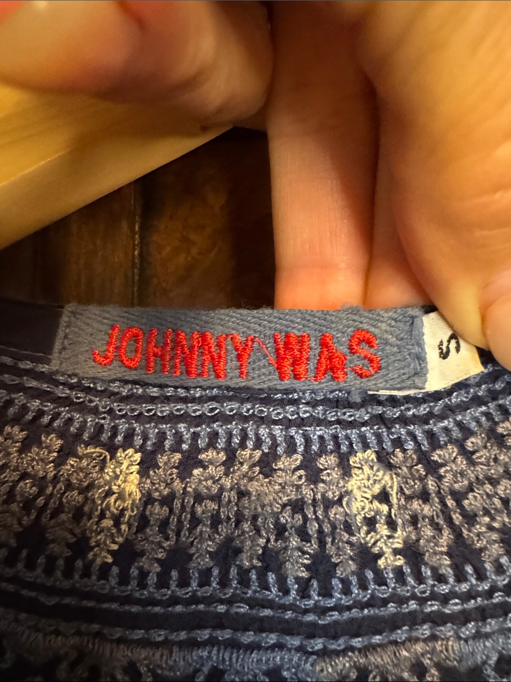 Johnny Was Navy Embroidered V-Neck Peasant Blouse - Picture 2 of 9